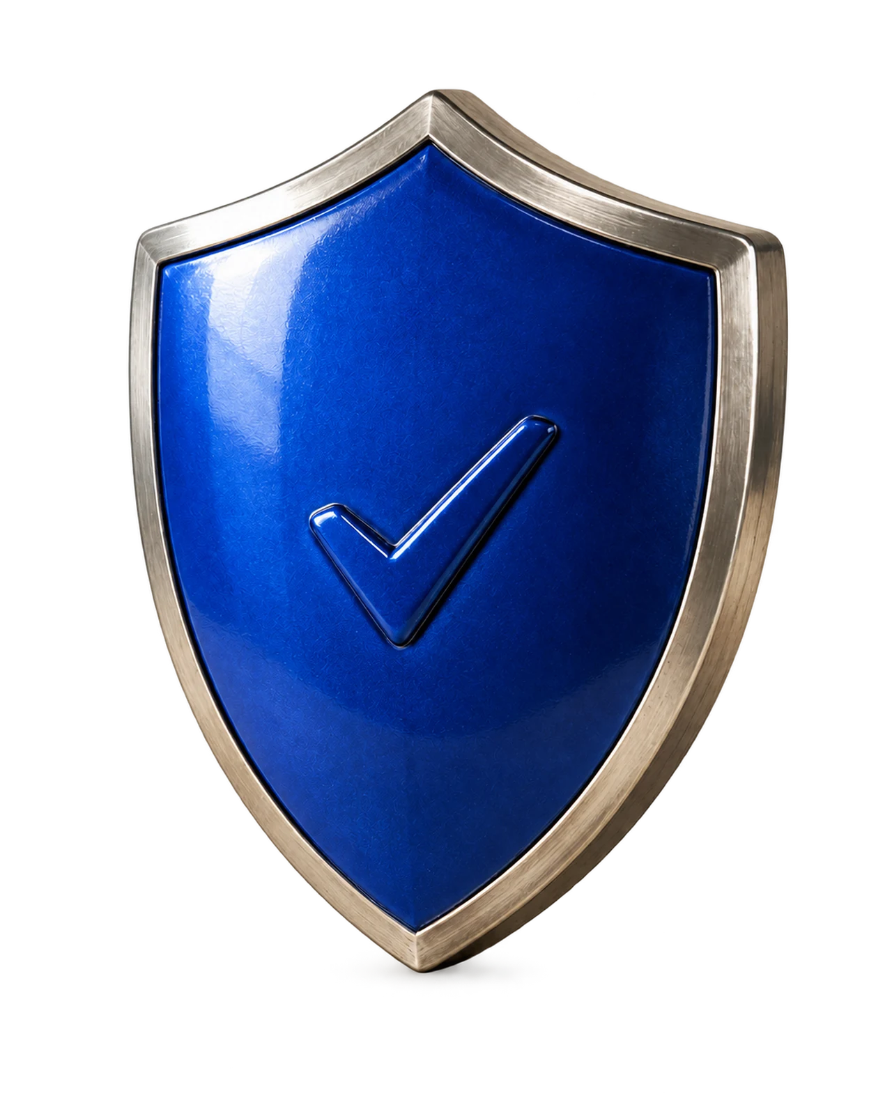 Dreidimensional gerendertes kobaltblaues Schutzschild mit gebürstetem Metallrand und eingeprägtem Haken.