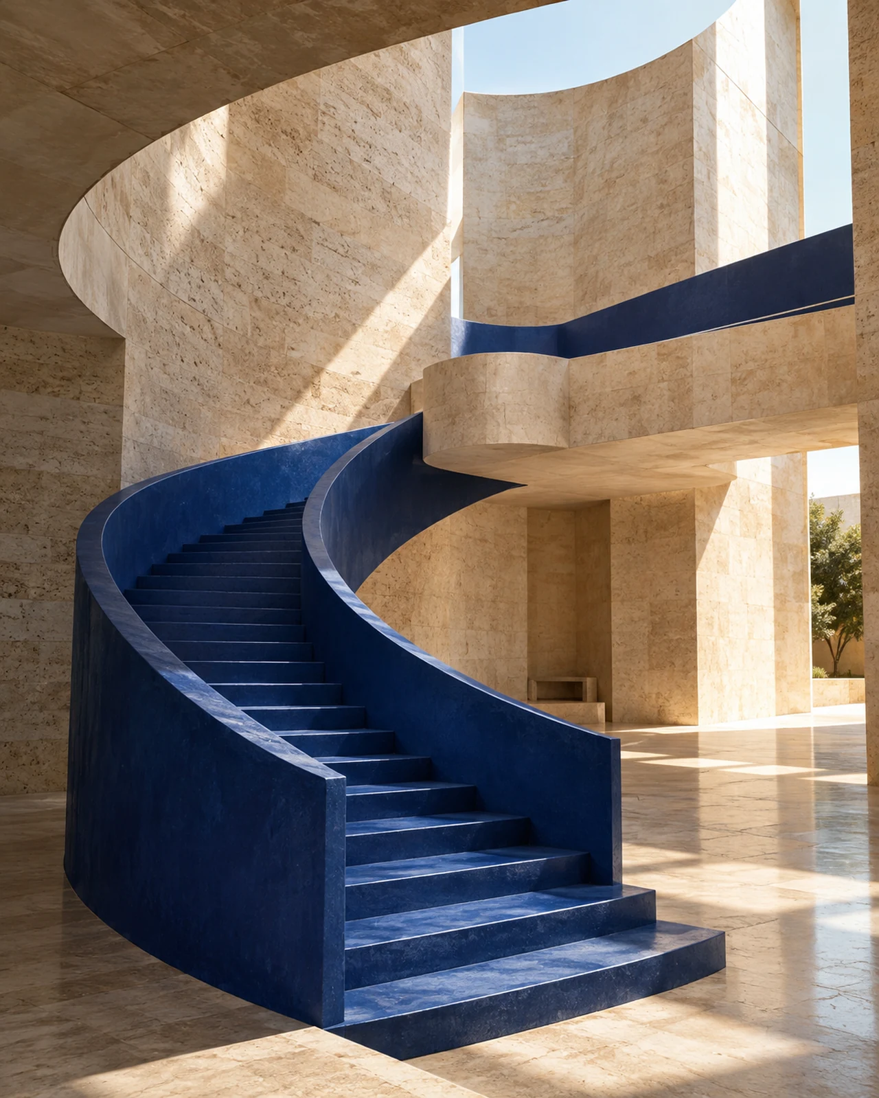 Eine kobaltblaue Treppe verbindet mehrere Ebenen in heller Travertinarchitektur.